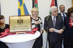 Palestinian President Mahmoud Abbas speaks next to Swedish Foreign Minister Margot Wallstrom during the inauguration of the Embassy of Palestine in central Stockholm